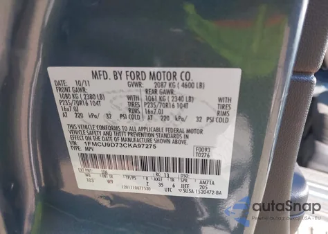 2012 Ford Escape Xlt из США, поврежденный, VIN 1FMCU9D73CKA97275